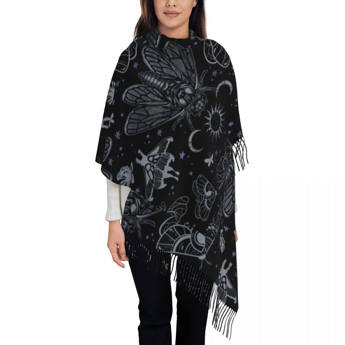 Printed Esoteric Cicada And Moth Witchy Celestial Scarf Women Men Warm Scarves Goth Sun Moon Pattern Shawls Wraps