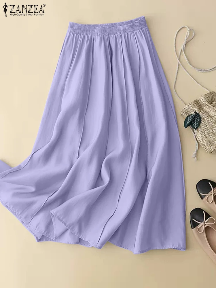 

ZANZEA Loose Casual Faldas Women Korean Fashion Long Jupes Elastic High Waist Solid Color A-line Skirt 2023 Summer Holiday Skirt