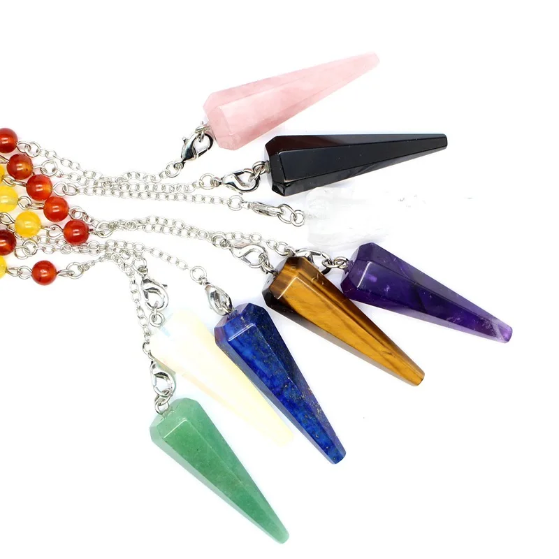 Natural Stone Crystal Pendulums Hexagonal 7 Chakra Pendant Pendulum for Dowsing Healing Triple Goddess Witch Pendulos X008