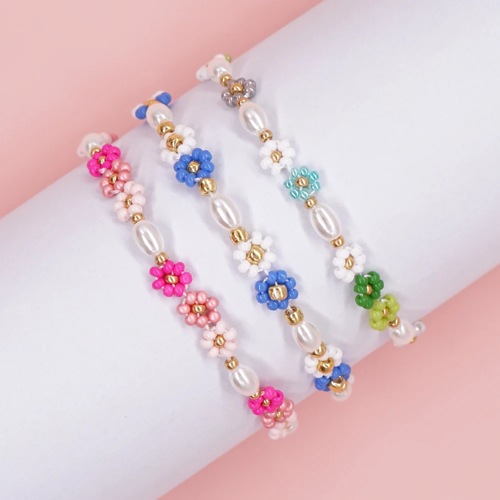 Go2Boho Handmade Bracelets Adjustable Stainless Steel Charm Bracelet Flowers Beads Pearl Bangle Fashion Jewelry for Women Gift