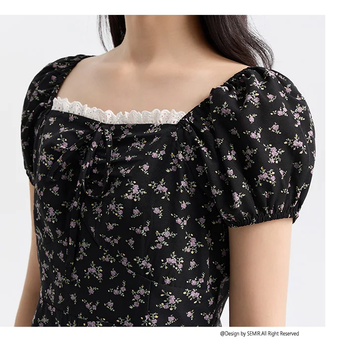 Vestido de mujer con mangas abullonadas y estampado floral de gasa Mori, nuevo vestido de verano con escote cuadrado y cintura corta, divertido
