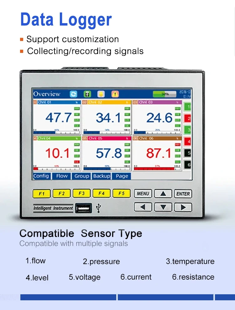 R7100 7 Inch Paperless Recorder RS485 1-16CH Temperature Pressure Current Voltag