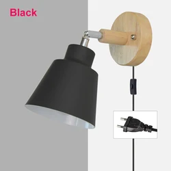 Nordic Wooden Wall Light - Indoor 6-Color Adjustable Sconce Fixture - EU Plug (Black)