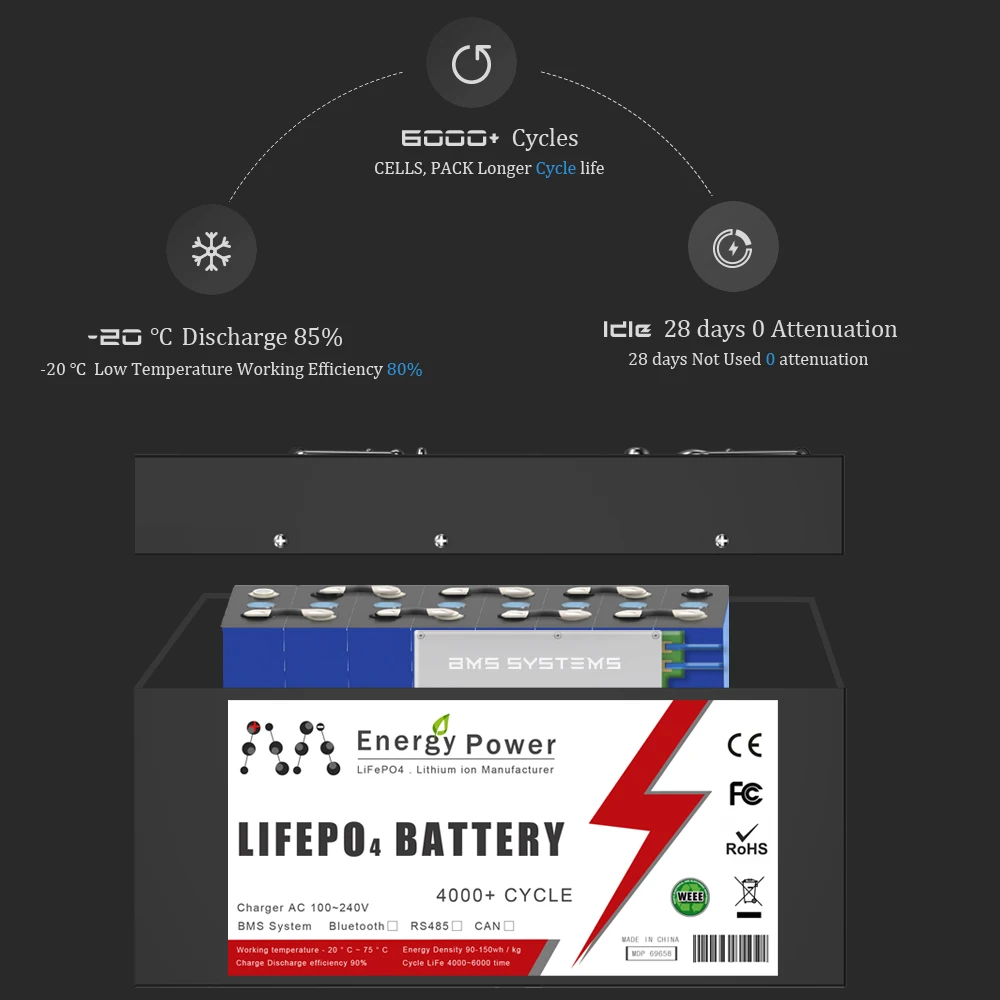 LiFePO4 24V 48V 100Ah 200Ah LiFePO4 Lithium Battery Bluetooth BMS 6000+ cyclic for Inverter Solar RV Golf Cart No Tax