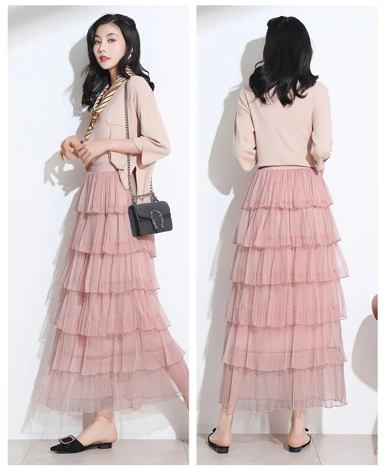 Elegant Long Tulle Skirt Women Pink Black Princess Tiered Skirts Female Lace Mesh Skirt Girl Long Maxi SKirts Femme mesh skirts girls rich layers tutu skirt women tulle ball gown 20 vertical wave cut patchwork tiered irregular vestidos 2020