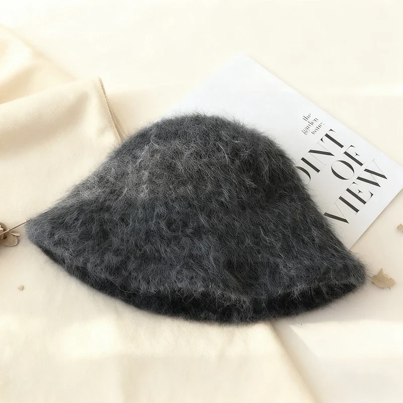New Bucket Hat Winter Foldable Beanies Korean Good Angola Long Rabbit Fur Fisherman Fashion Soft Warm Wool Basin Cap Women 모자