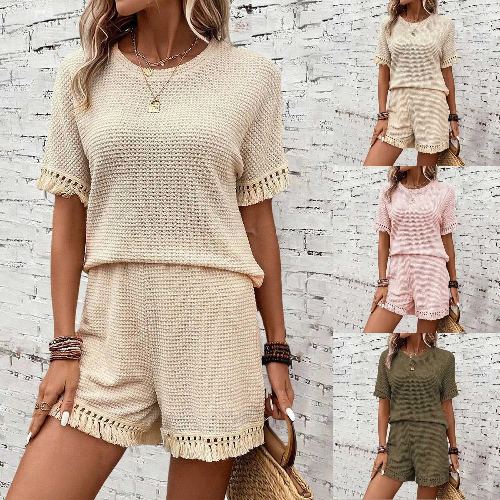 Women's 2024 Summer Fashion And Leisure Solid Color Short Sleeved Shorts Suit Simple And Versatile Tassel Edge Swim Juniors