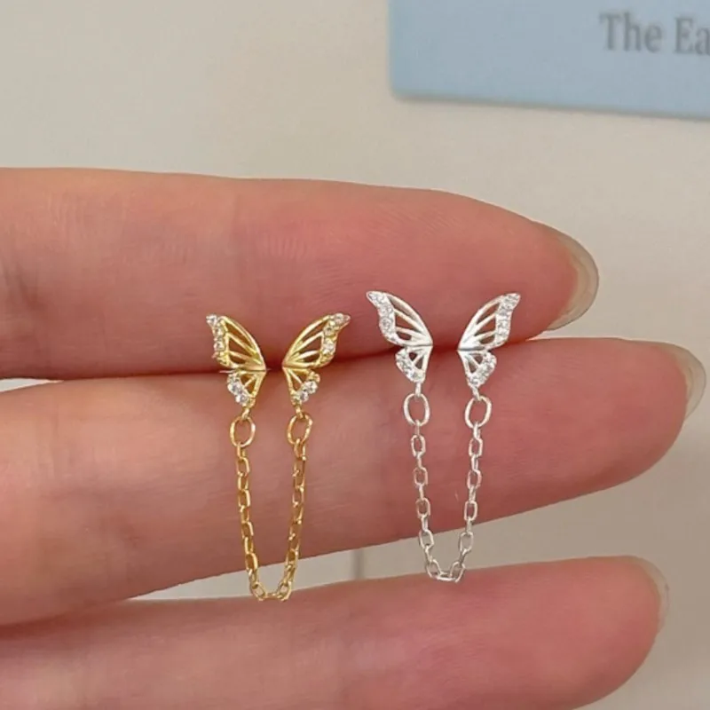 Tiny Sweet Tassel Butterfly Stud Earrings for Women Simple Korean Double Ear Hole Tassel Chain Earring Party Jewelry