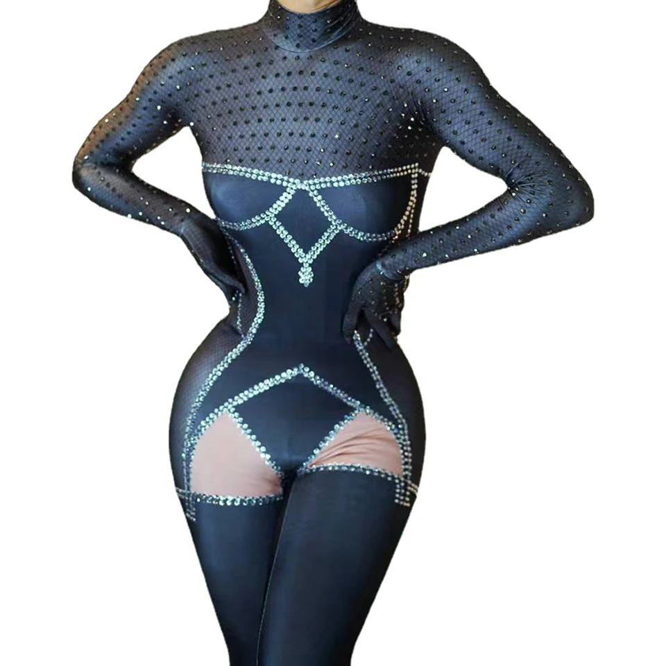 

Sparkly Rhinestones Jumpsuit Long Sleeve Gloves Sexy Stretchy Nightclub Outfit Singer Dancer Performance Costume Show Stage Wear