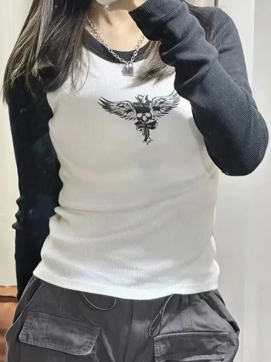 

Vintage Skull Wings Pattern T-shirts Women Casual Summer Patchwork Y2k Ladies Vintage Classic Long Sleeve Tees 2023