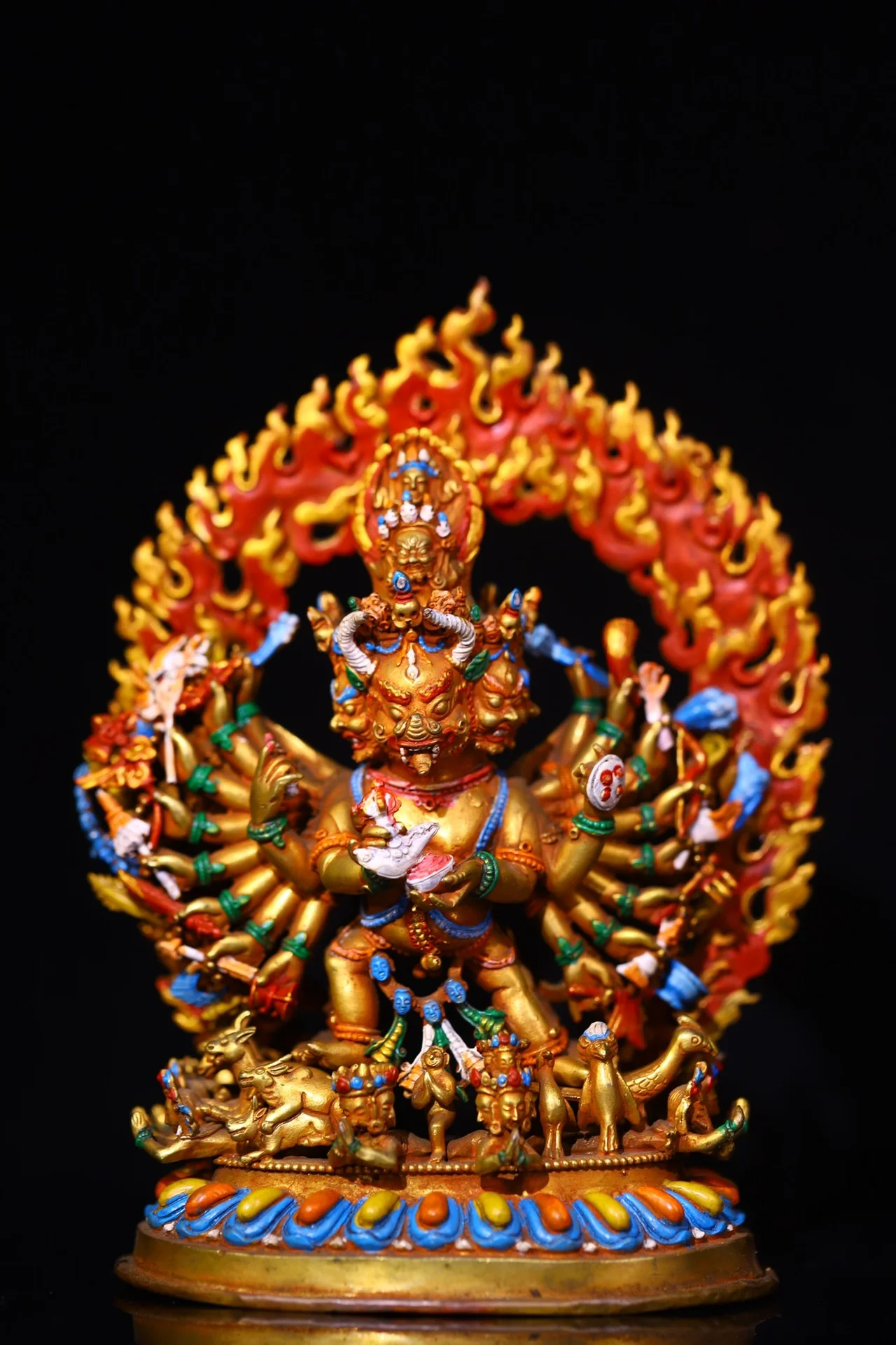 

8"Tibetan Temple Collection Old purple Bronze Outline in gold Mosaic Gem Painted Yamantaka Buddha Backlight Worship Hall