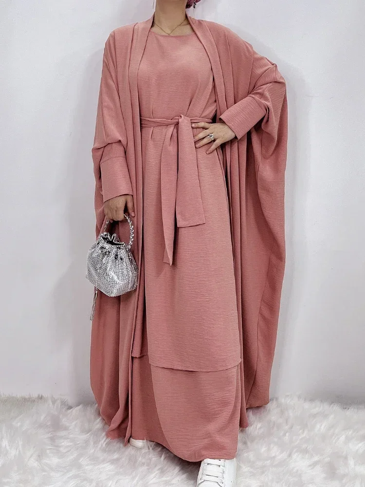 Muslim Sets 2 Piece Matching Abaya Kimono Crinkle Abayas for Women Dubai Turkey Hijab Inner Dress Islam Suits Ramadan Outfits