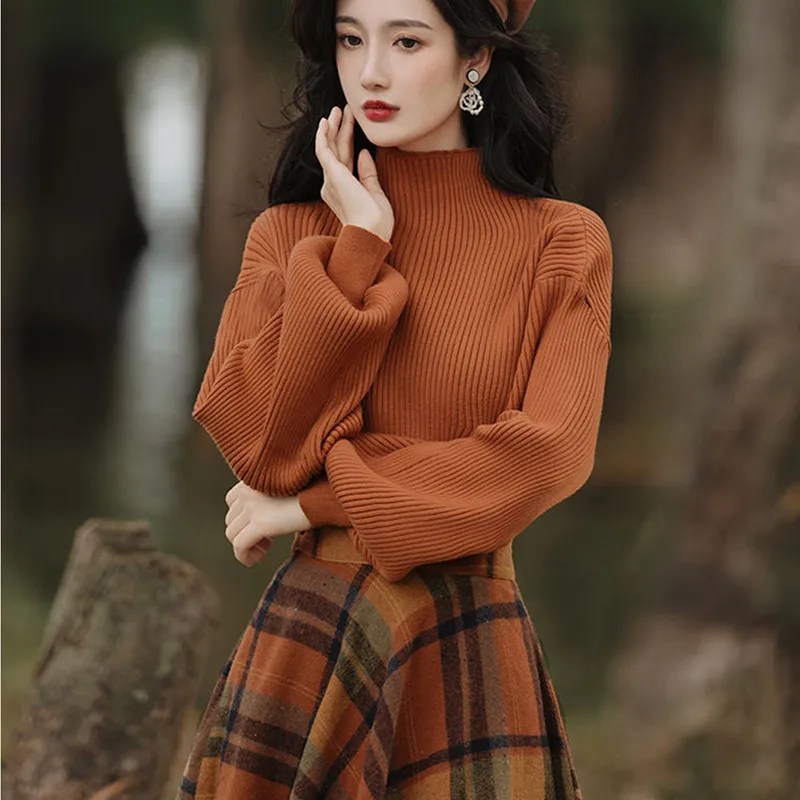 Women's Spring Autumn Vintage Plaid Long Skirts Sweater Two-Piece Set French Lady Graceful Knit Pullover High Waist Skirt Outfit 3
