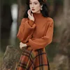 Women's Spring Autumn Vintage Plaid Long Skirts Sweater Two-Piece Set French Lady Graceful Knit Pullover High Waist Skirt Outfit 3