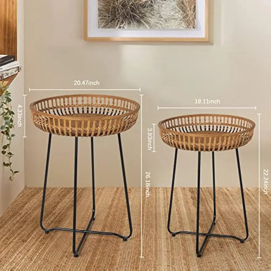 Comfort corner Rattan Side Table Nesting Tables Set of 2, Bamboo Round Coffee Table Metal Base End for Living Room