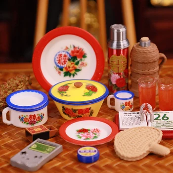Doll House Miniature Kitchen Accessories Chinese Simulation Match Enamel Bowl Model Miniature Tableware Seasoning Pot 1