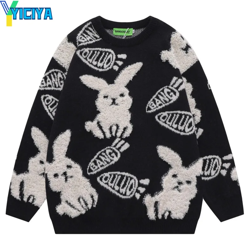 

YICIYA sweater black Pullover Rabbit embroidery Thickening Korean fashion Women Knitted Plus Size outfit oversize coats 2024 top