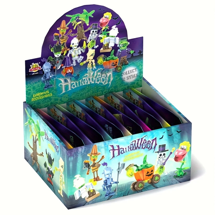 Halloween micro particle building blocks desktop decoration, self-assembly, haunted house model decoration toys, 12 styles a set