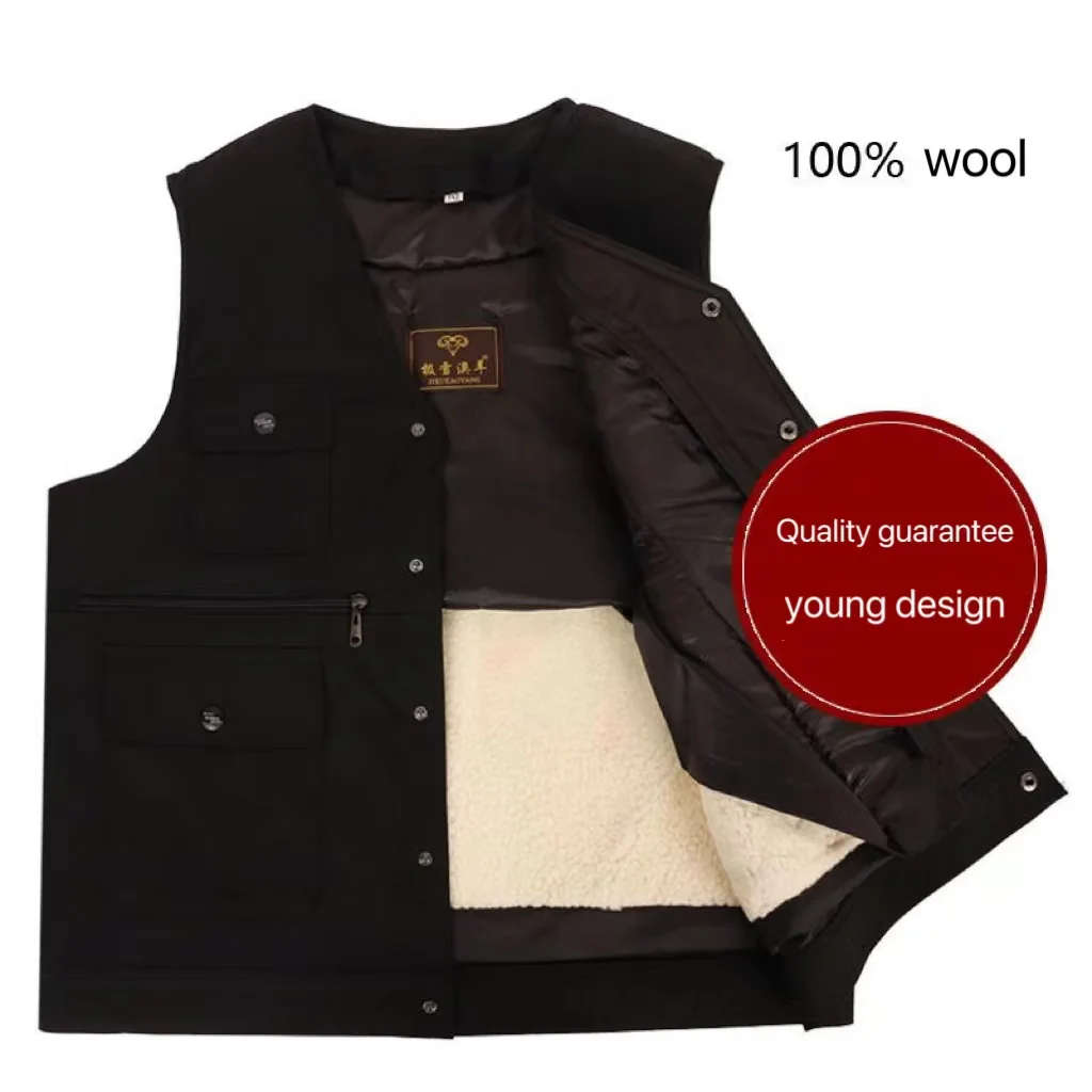 Cold Autumn Winter Middle-aged Elderly Wool Vest Thicken Warm Genuine Fur Overcoat Fashion Comfortable Dad Father Cotton Outfit 4