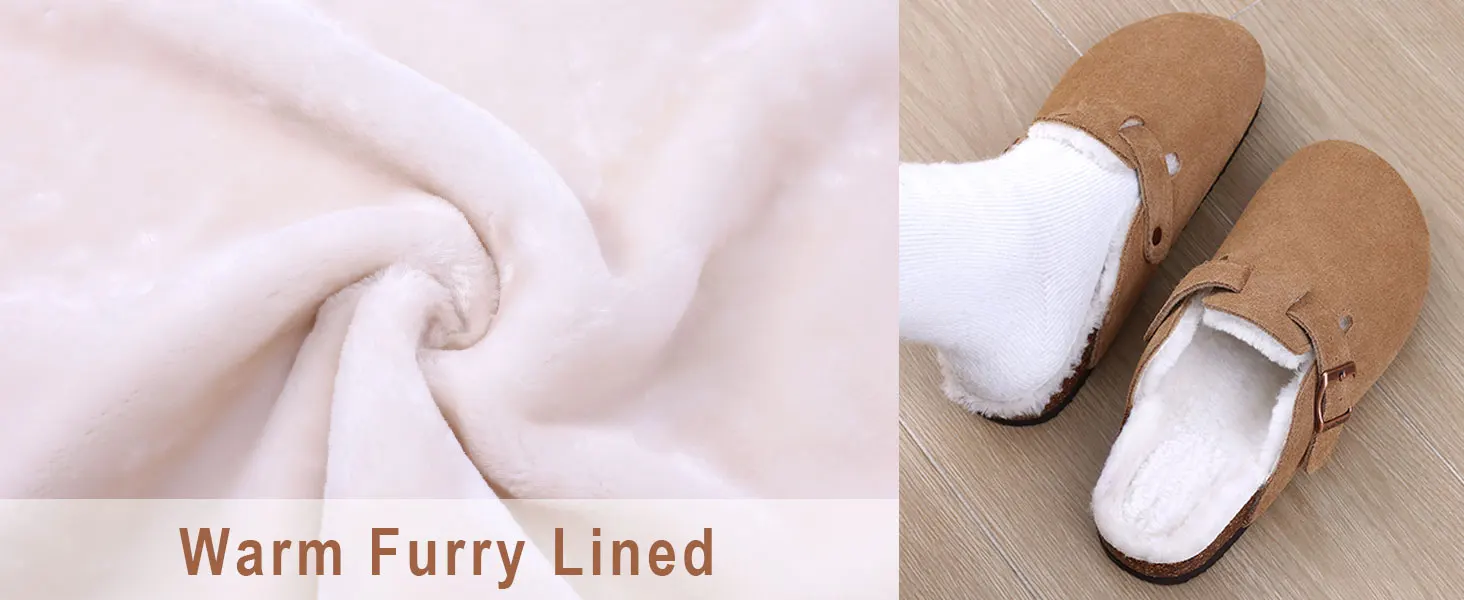 Women's Winter Furry Mules With Adjustable Buckle & Cork Insole_voghion.com