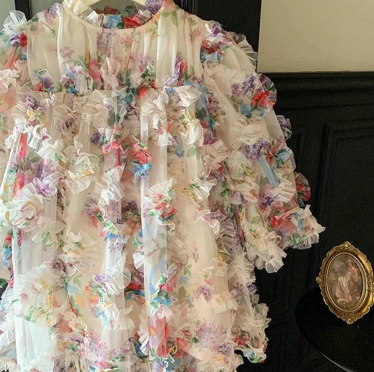 Mädchen Freizeit kleider Blumen druck Mesh Puff ärmel Prinzessin Kleid Blumen mädchen Kleider für Hochzeiten Kinder Kleider für Mädchen – Detail 3