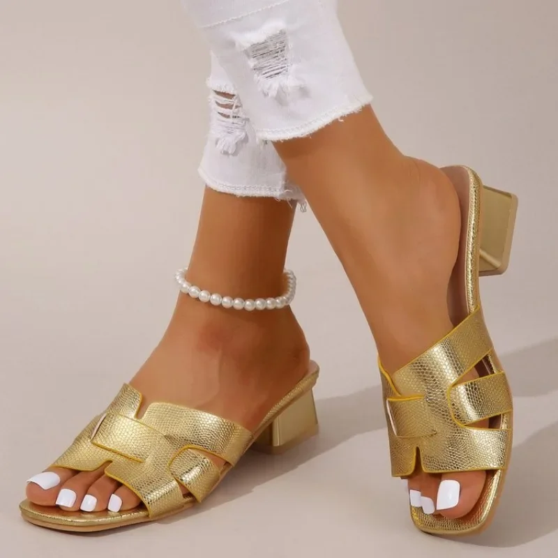 Women's Chunky Heeled Sandals, Fashion Square Open Toe Slip On Heels, Elegant Wedding White Sandals — view 2