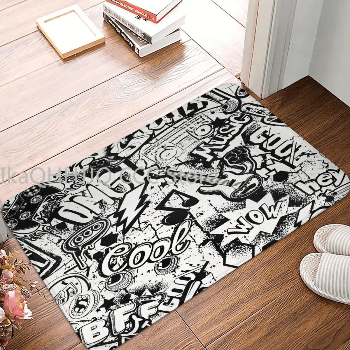 

Graffiti Art Pattern Bathroom Mat Black And White Comics Graffiti Doormat Living Room Carpet Balcony Rug Home Decor