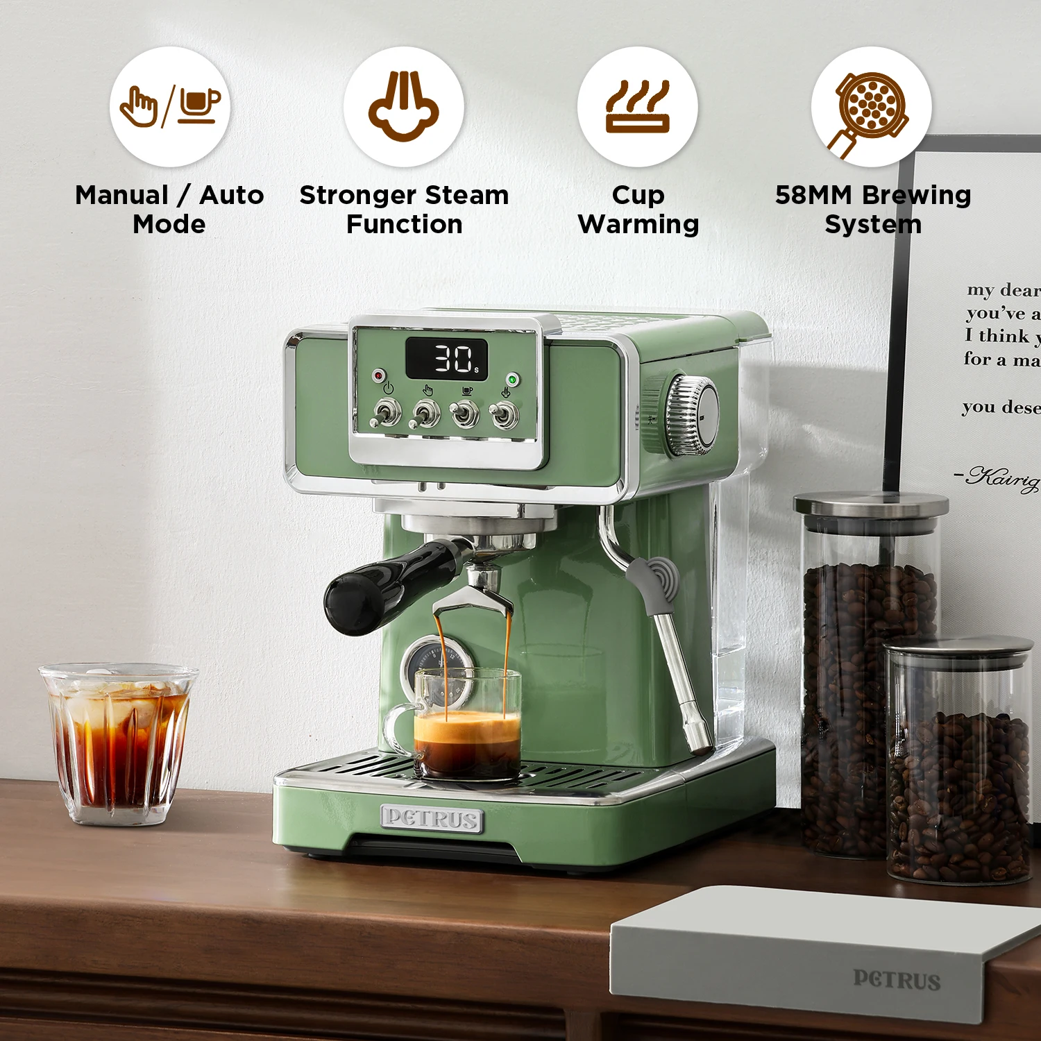 Petrus Espresso Coffee Machine 58mm/15 Bar Espresso Maker with Milk Frother Steam Wand Cappuccino, Latte(220V)