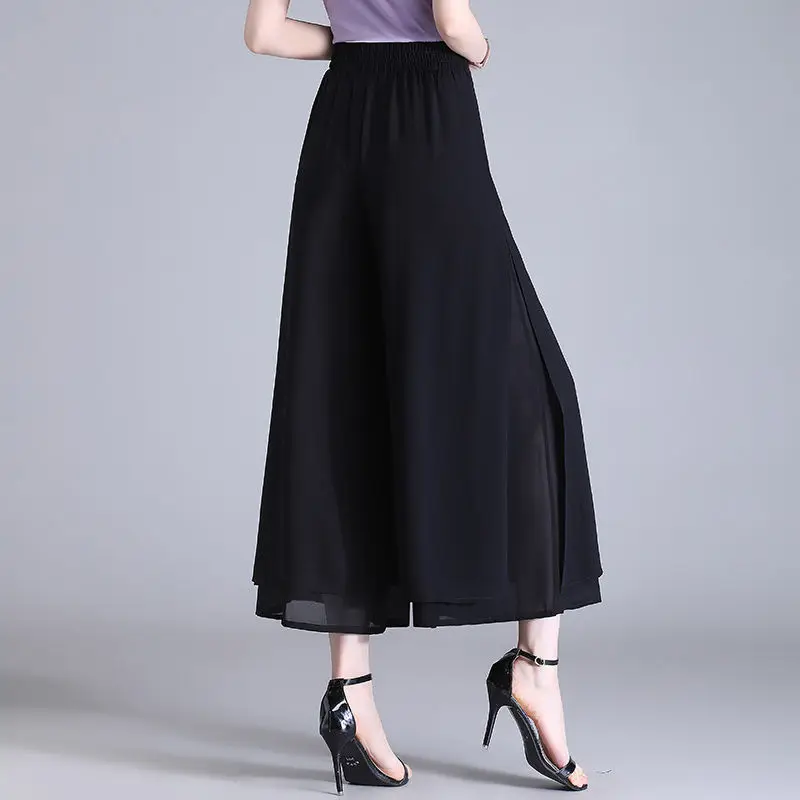 Female Clothing Wide Leg Casual Pants Stylish Patchwork High Waist Elastic Summer New Commute Floral Printed Basic Cropped Pants