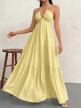 Women's Casual Dresses Halter Backless Yellow Tiered Flowy Boho Dress Spring Summer Beach Vacation Breathable Dress
