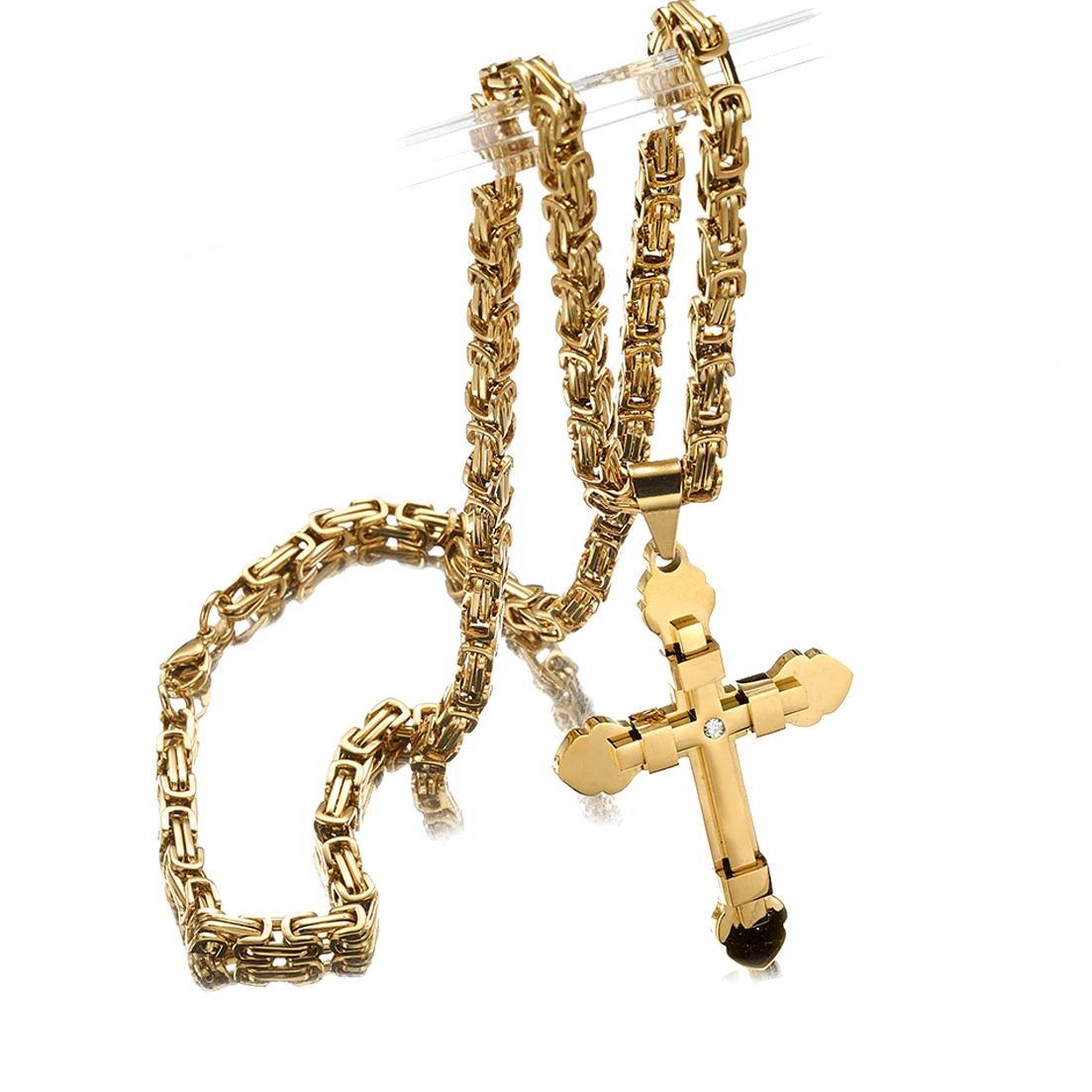

New Fashion Women Men Cross Necklace Gold/Silver/Black Color Cross Pendant Stainless Steel Byzantine Chain Necklace Jewelry