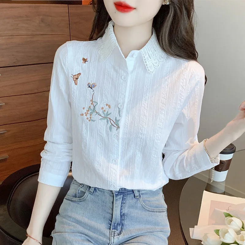 자수 여성 봄 가을 블라우스 셔츠 레이디 캐주얼 긴 소매 턴 다운 칼라 솔리드 컬러 블라우스 탑 DF4775