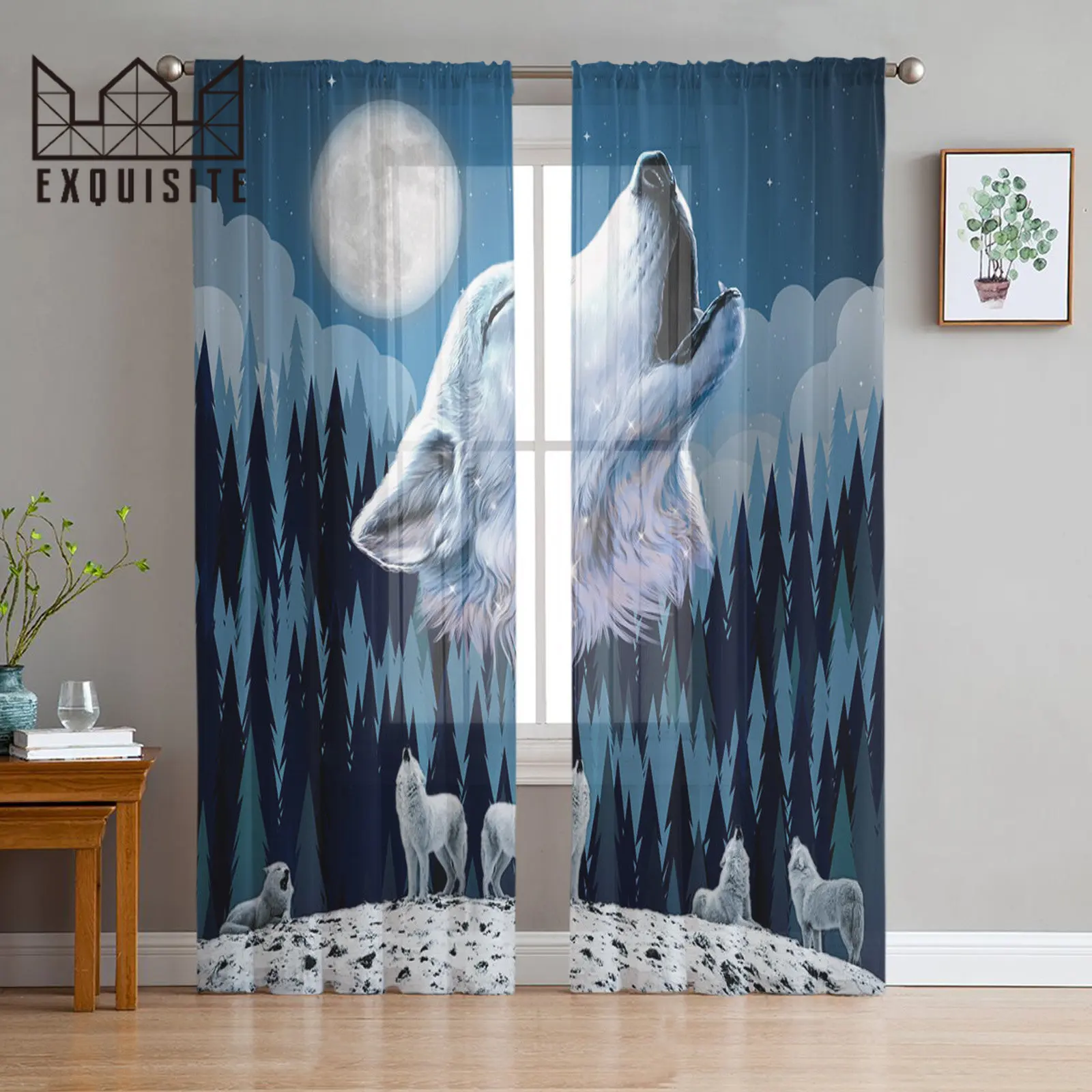 

Тюлевые занавески с волками, Луной и лесом для гостиной, балкона, декоративные прозрачные Занавески для кухни, спальни, модный домашний декор