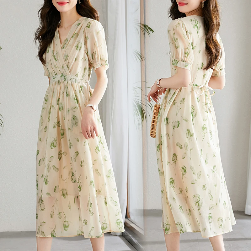 

Elegant Party Floral Chiffon Dresses for Women 2023 Summer New Temperament Waist Thin French Lace-up Simple Casual Midi Dresses