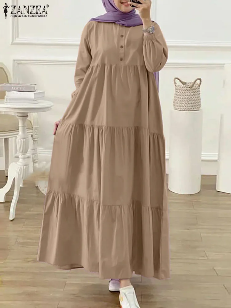 

Женское платье в мусульманском стиле ZANZEA Eid Mubarek Abaya Женская одежда в исламском стиле модный однотонный Макси Сарафан с длинным рукавом платье кафтан