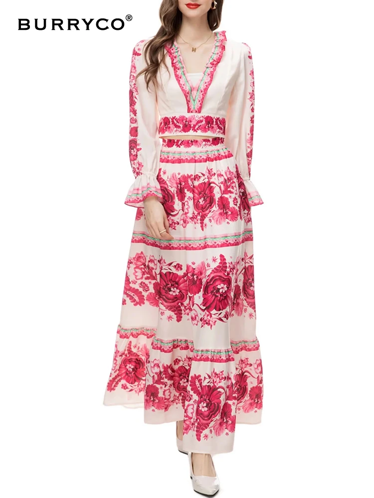 

BURRYCO 2023 Autumn Women's New V-neck Wooden Ear Edge Printed Slimming Versatile Dress