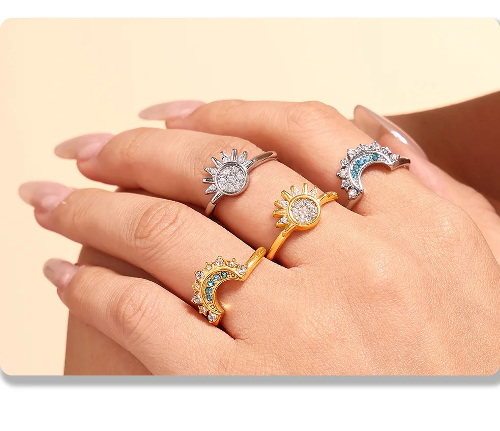 Luxus Edelstahl vergoldet Zirkon Ring Damen Trend Mond Sonne Paar Versprechen Fingerring Designer Schmuck Zubehör – Detail 5
