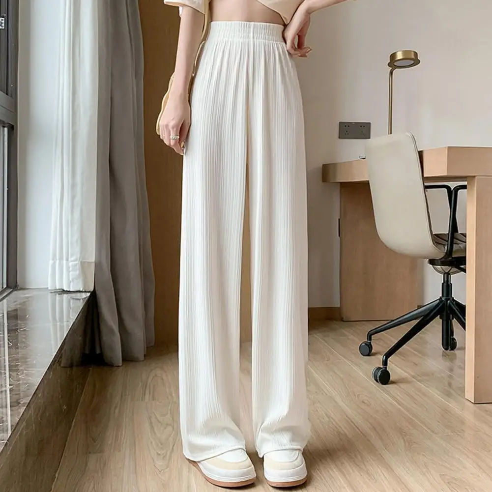 

High Waist Elastic Waistband Women Pants Ribbed Thin Full Length Breathable Ice Silk Straight Wide Leg Pants