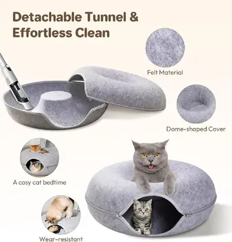 Cat Tunnel Peekaboo Cat Cave Bed for Indoor Cats Cat Donut Tunnel for Pet Cat House Cat Felt & Washable Interior Cat Play Tunnel 3
