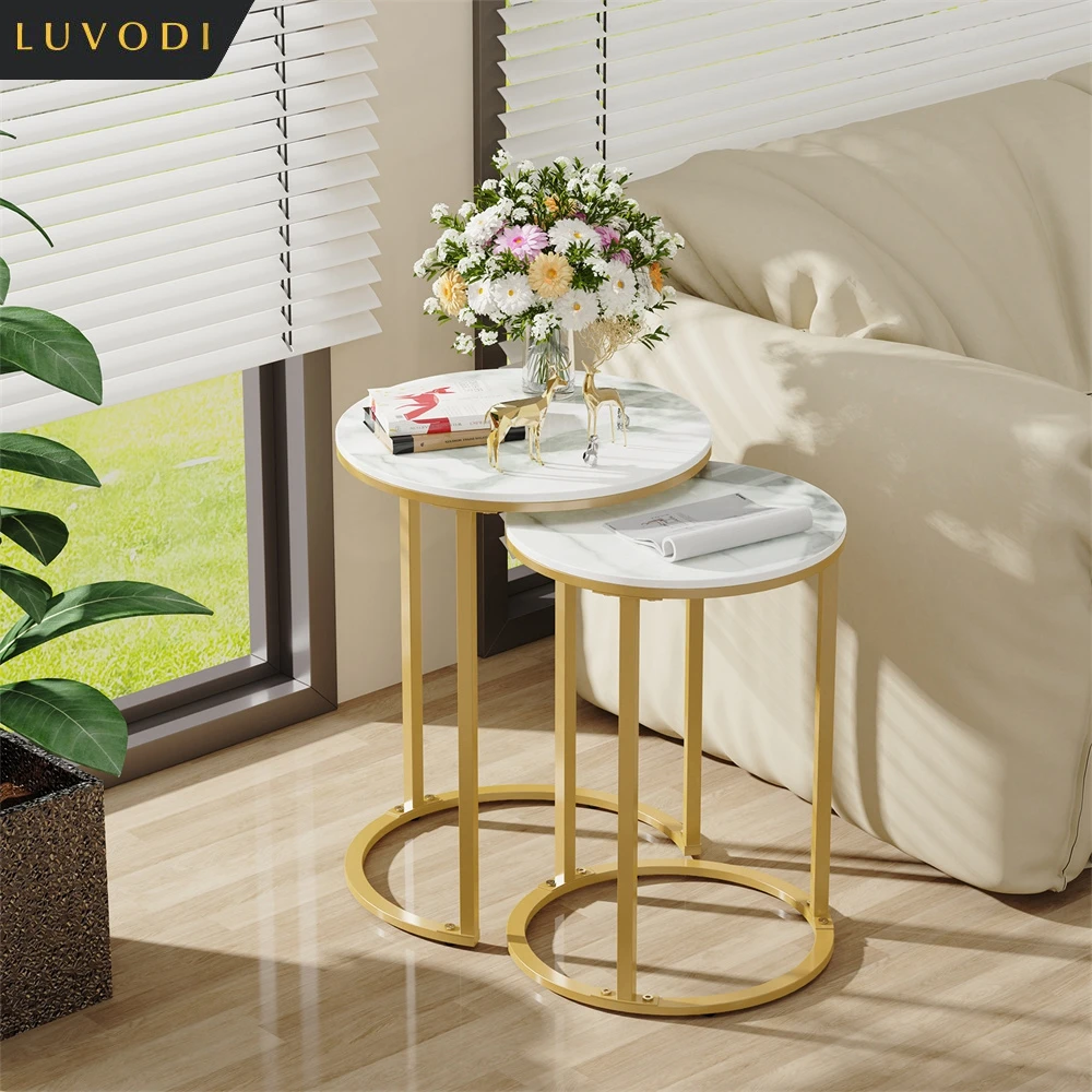 LUVODI Nesting Round Side Table Set of 2, Sintered Stone Top & Golden Metal Frame, Stacking End Tables for Living Room Bedroom