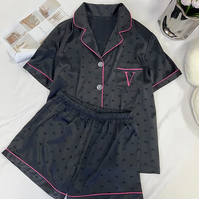 Summer Nightwear for Women: Ice-Silk Cool-Touch Short-Sleeved Premium Black Heart-Print Outerwear-Style Loungewear Fashion Set