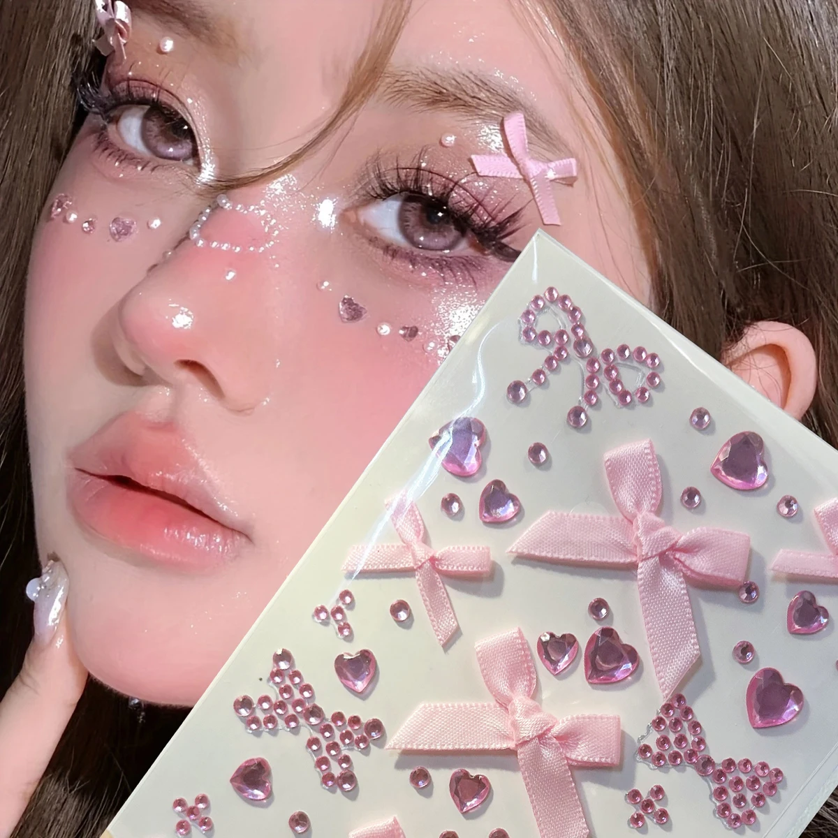 1 Stück rosa und rote Schleife glitzernde Stereo-Edelstein-Aufkleber Make-up Weihnachten Urlaub Party Y2K Musik Festival DIY Augen Gesicht Juwelen Aufkleber* – Detail 5