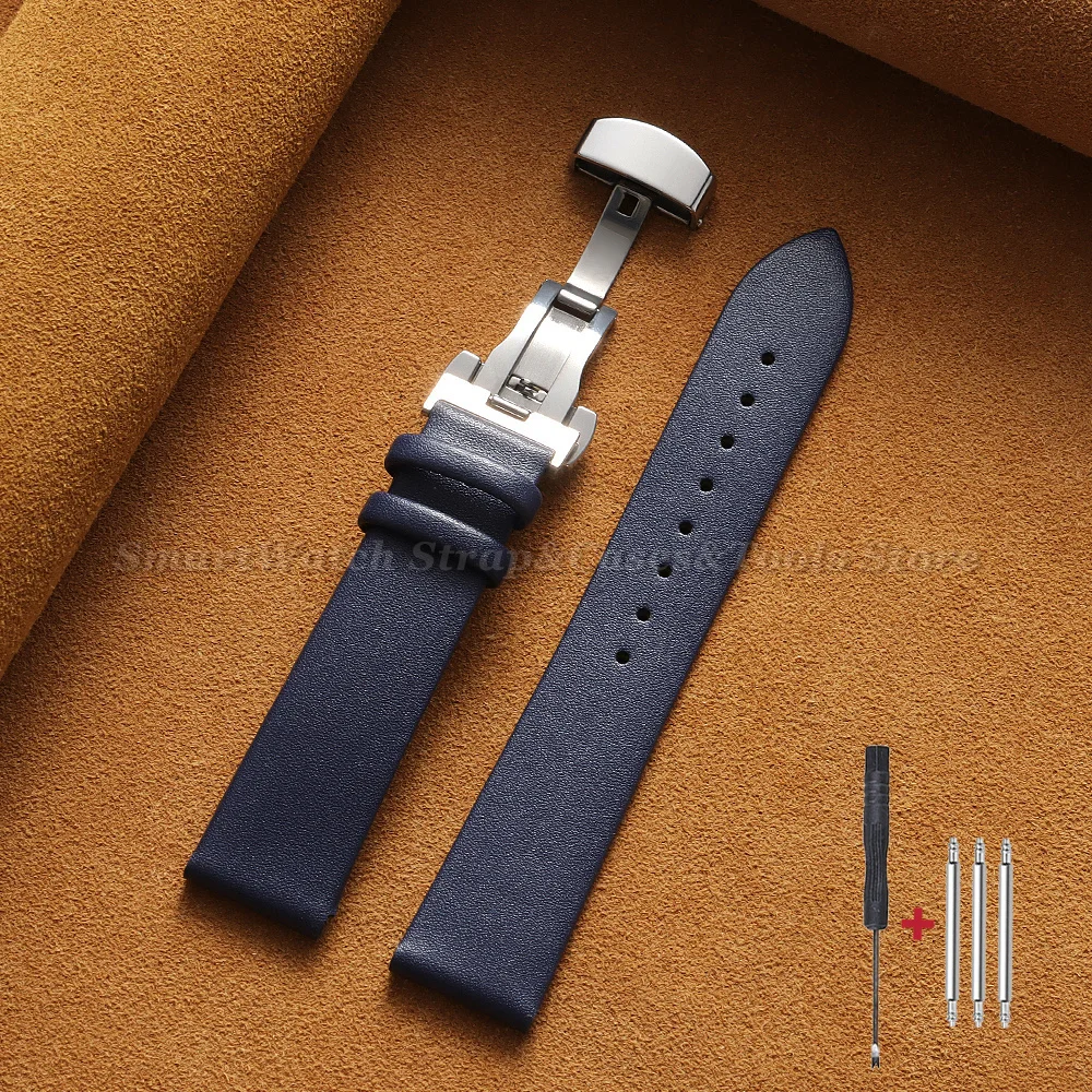 Premium Ultra-Thin Genuine Leather Watch Strap with Soft Cowhide Band and Butterfly Clasp