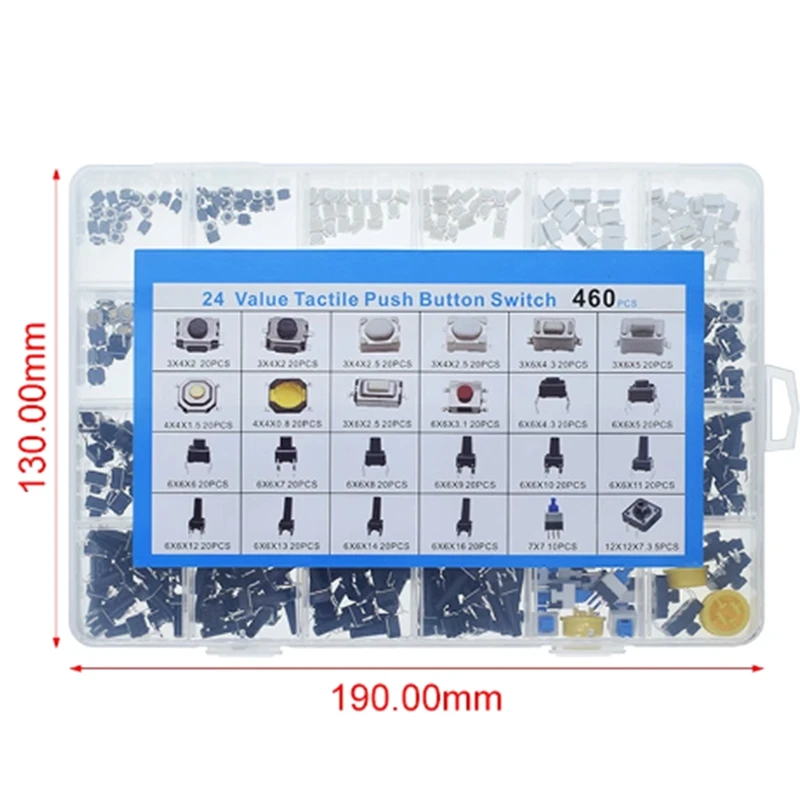 

460pcs 24 Values Tactile Push Button Switch SMD Micro Momentary Tact Switch Assortment Kit for Car Remote Control with Box