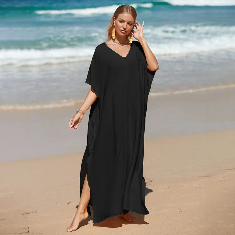 Solid Color Deep V Neck  Sexy Women Beach Swimsuit Cover-Ups Long Loose Cover Up Beach Dress Bikini Cover Up Bohemia Women's Be