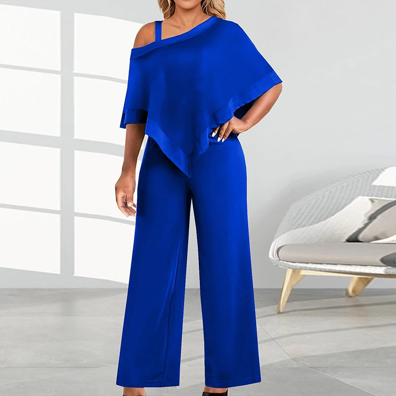 

Spring Sexy Skew Collar Hollow Straight Jumpsuit Women One Shoulder Batwing Sleeve Rompers Summer Straps Ruffle Playsuit Ovealls