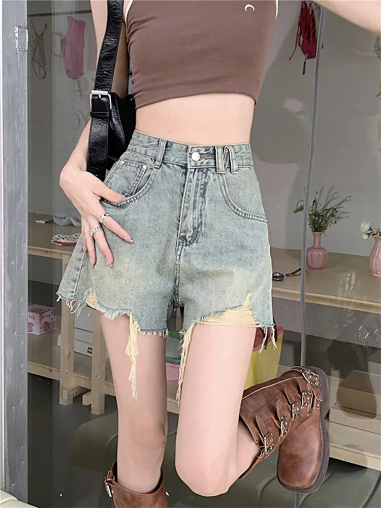 

Perforated Denim Shorts For Women 2024 New Retro High Waisted Slimming Design Blue Jeans Summer Casual A-line Wide Leg Pants