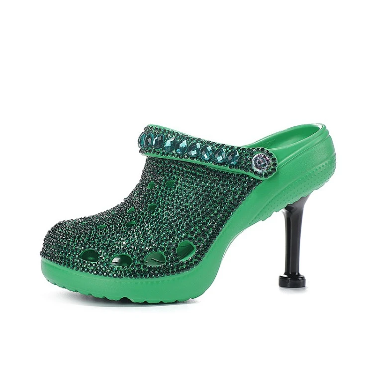 

Designer Trendy Brand High Heel Diamond Hollow Sandals Women's Summer Outdoor Beach Casual Green Black Pearl Slippers Size 41