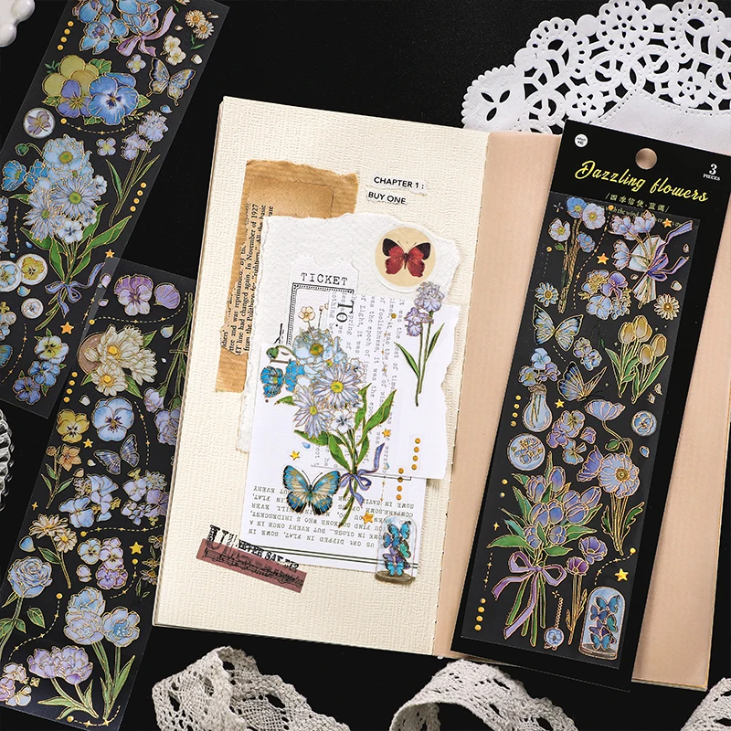 3 pcs Bronzing Flowers Stickers handbook stickers decorative stickers floral stickers decorative labels stickers stationery stickers self adhesive stickers paper stickers adhesive stickers diy scrapbooking accessories aesthetic Diy Labels Decorative Scrapbooking material accessories Diary Album Stationery Sticker