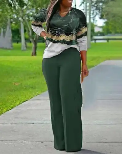 Two Piece Sets Womens Outifits 2023 Spring Fashion Marble Print V-Neck Long Sleeve Top & Casual High Waist Daily Long Pants Set - Image 5